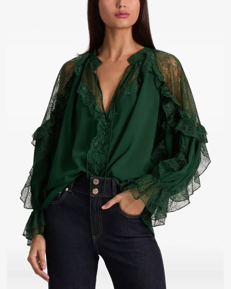 Alice + Olivia Gerüschte Aleena Bluse mit Spitzenbesatz - Grün Grün