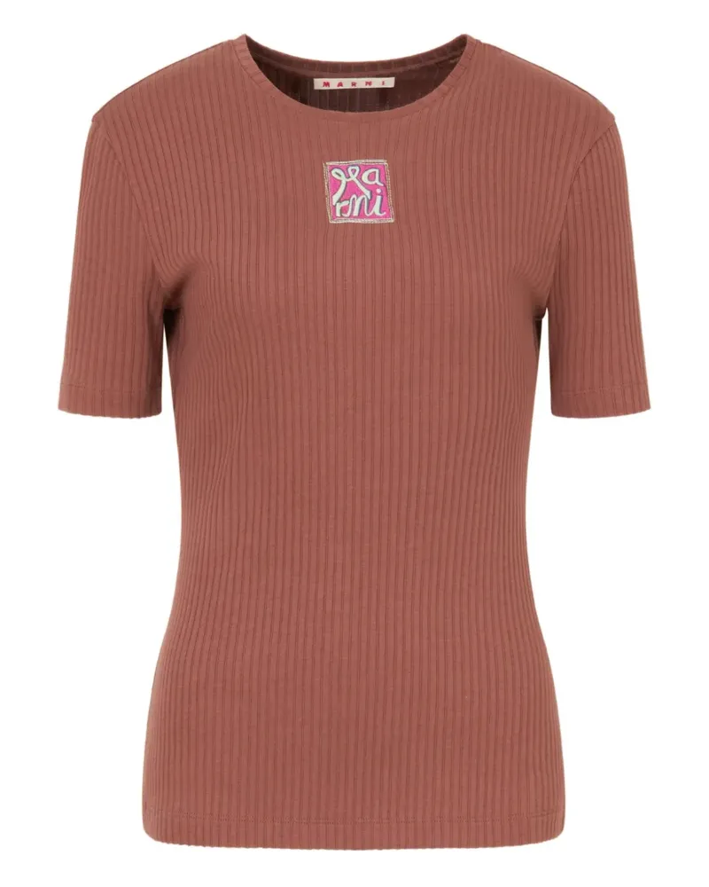 Marni Geripptes T-Shirt mit Logo-Stickerei - Braun Braun