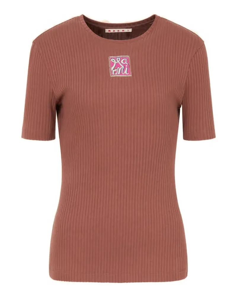Marni Geripptes T-Shirt mit Logo-Stickerei - Braun Braun