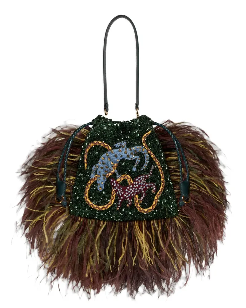 Etro Kleine Kalispera Tasche mit Straußenfedern und Tierstickerei - Grün Grün