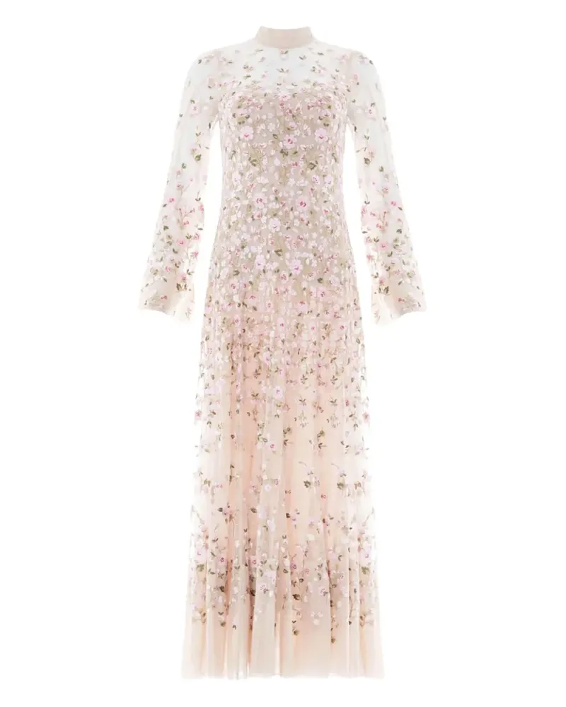 Needle & Thread Sylvia long-sleeves floral-embellishment midi dress - Nude Nude