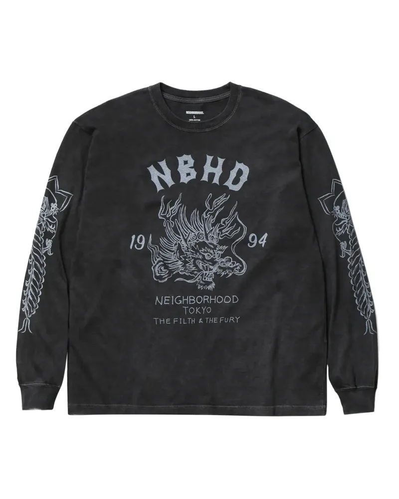 Neighborhood Langarmshirt mit Drachen - Schwarz Schwarz