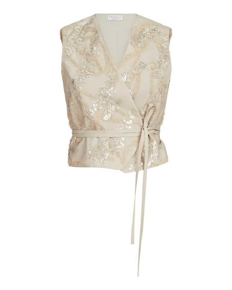 Brunello Cucinelli Weste aus technischem Baumwollpopeline mit schimmernder Meeresboden-Stickerei - Nude Nude