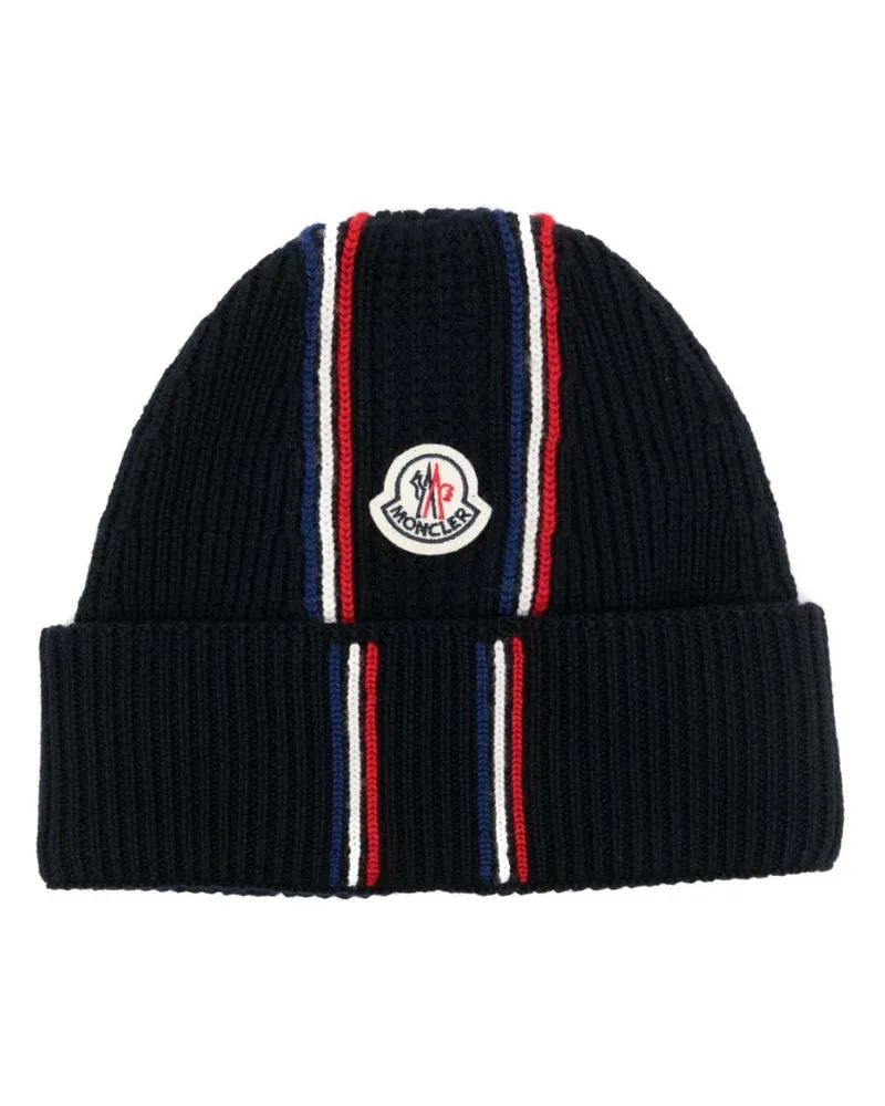 Moncler Strickmütze mit Logo-Patch - Blau Blau