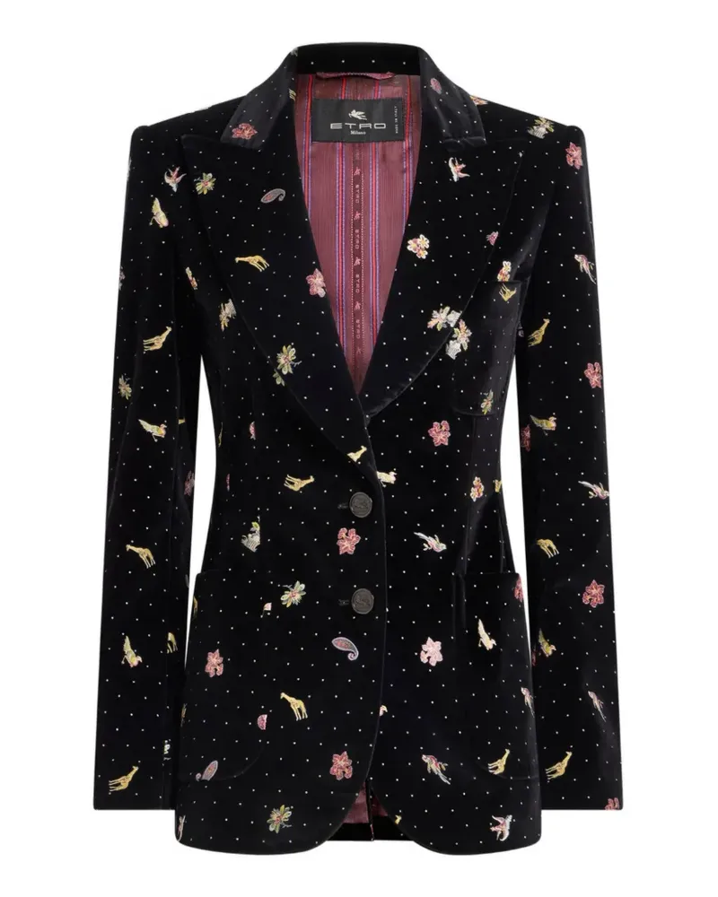 Etro single-breasted cotton velvet jacket with flower and animal motif - Schwarz Schwarz