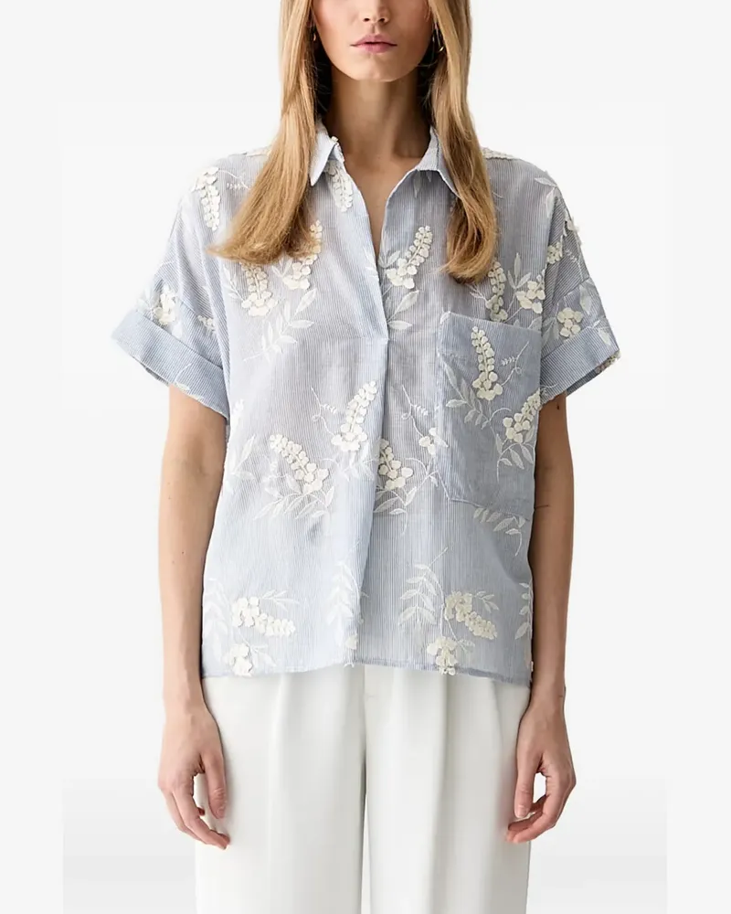 VICOLO floral-embroidered striped top - Blau Blau