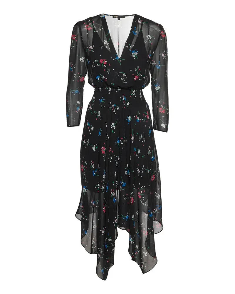 Maje Gestuftes Midikleid mit Blumenprint - Schwarz Schwarz