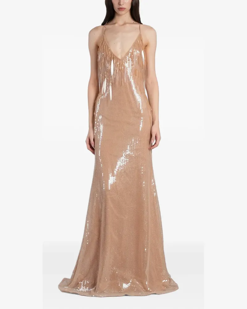 David Koma sequin-embellished fringed maxi dress - Nude Nude