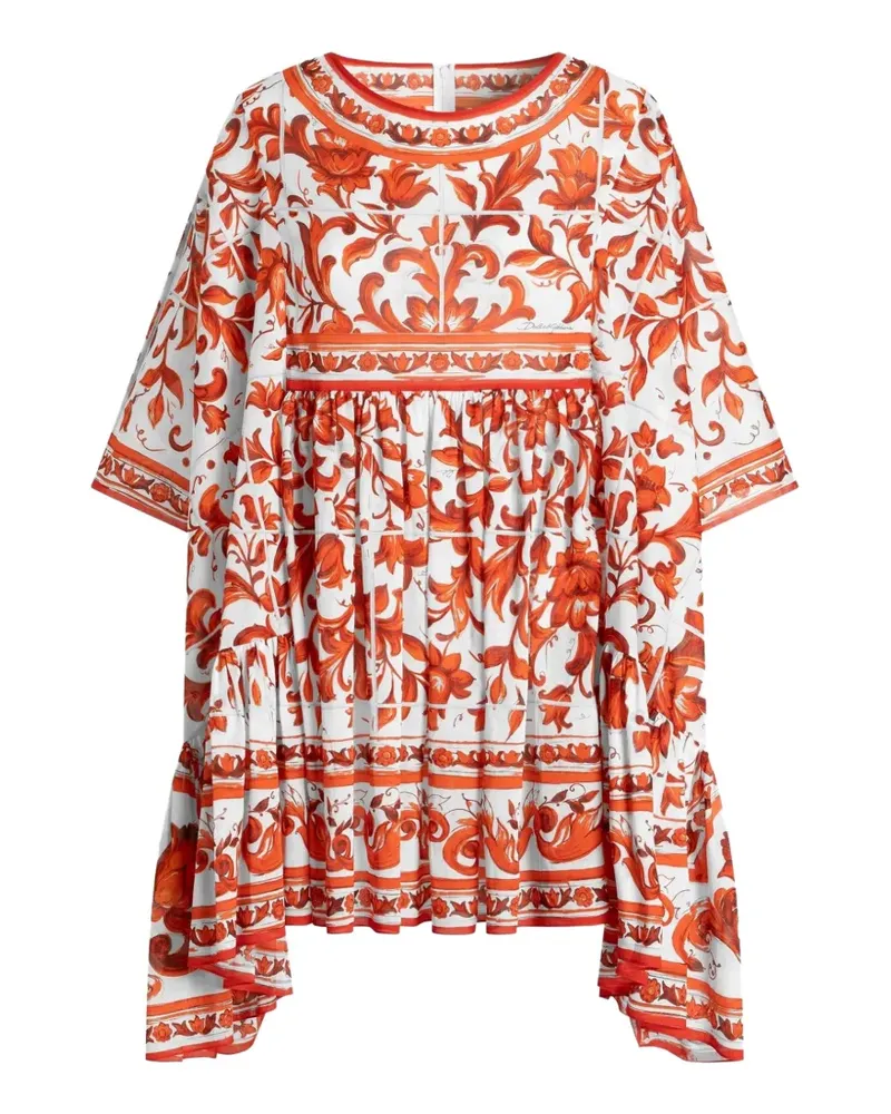 Dolce & Gabbana Langes Kaftan-Kleid aus Baumwolle mit Majolica-Print - Weiß Weiß