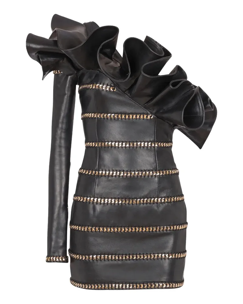 Balmain Asymmetrisches Lederkleid mit Ketten - Schwarz Schwarz