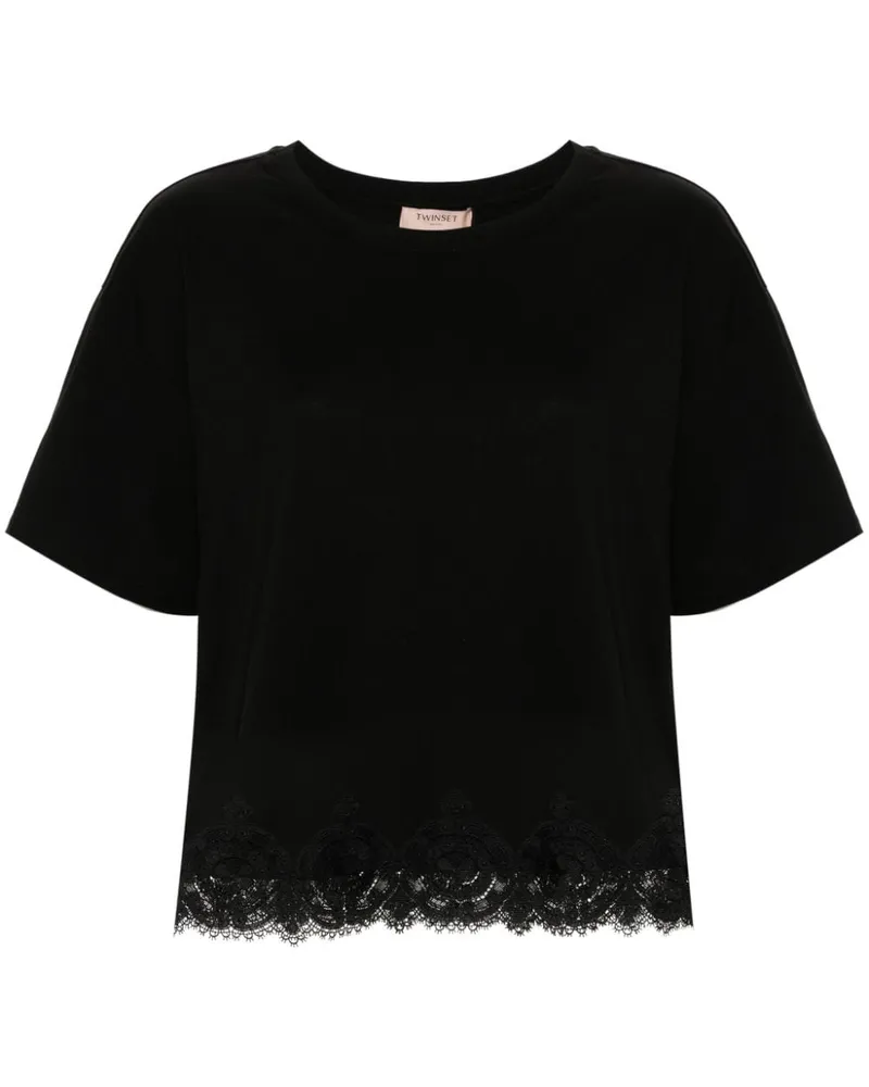 Twin-Set T-Shirt mit Spitzenbesatz - Schwarz Schwarz