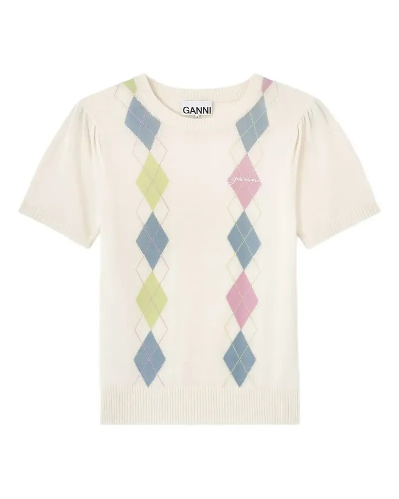 Ganni Puffärmel-T-Shirt mit Argylemuster - Weiß Weiß