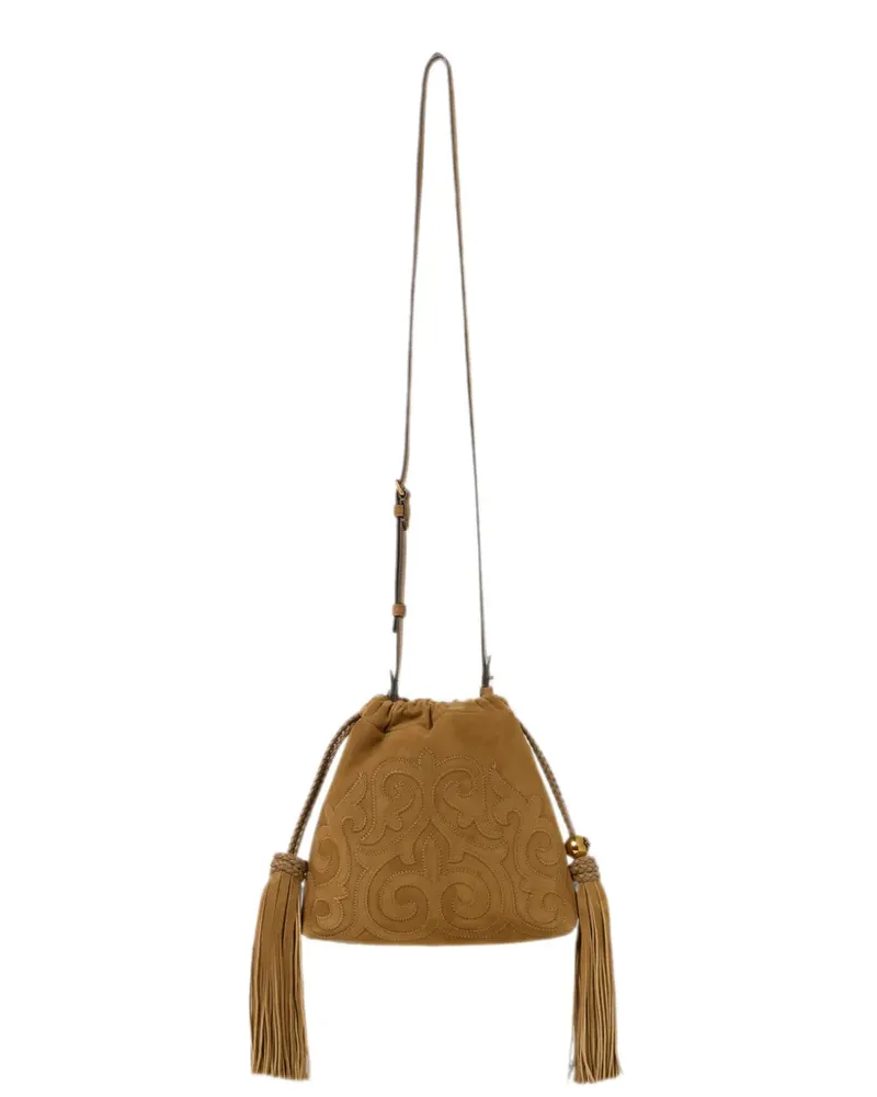 Etro Mini Kalispera Tasche aus Wildleder mit Patch und Quasten - Nude Nude