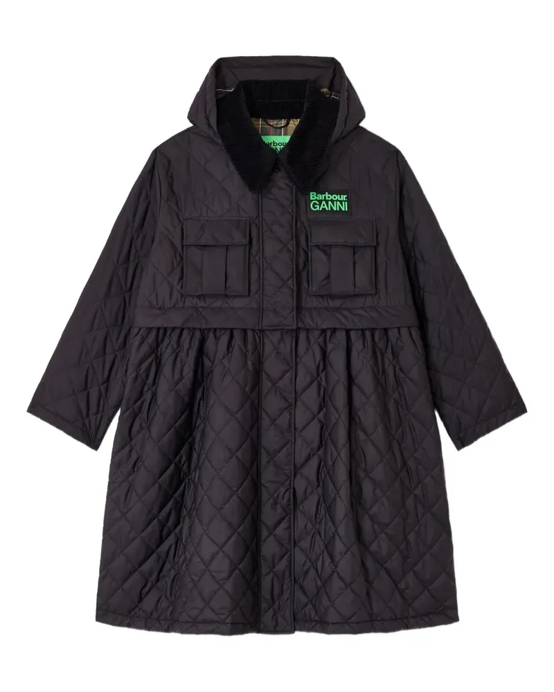 Ganni x Barbour Steppmantel mit Schößchen - Schwarz Schwarz
