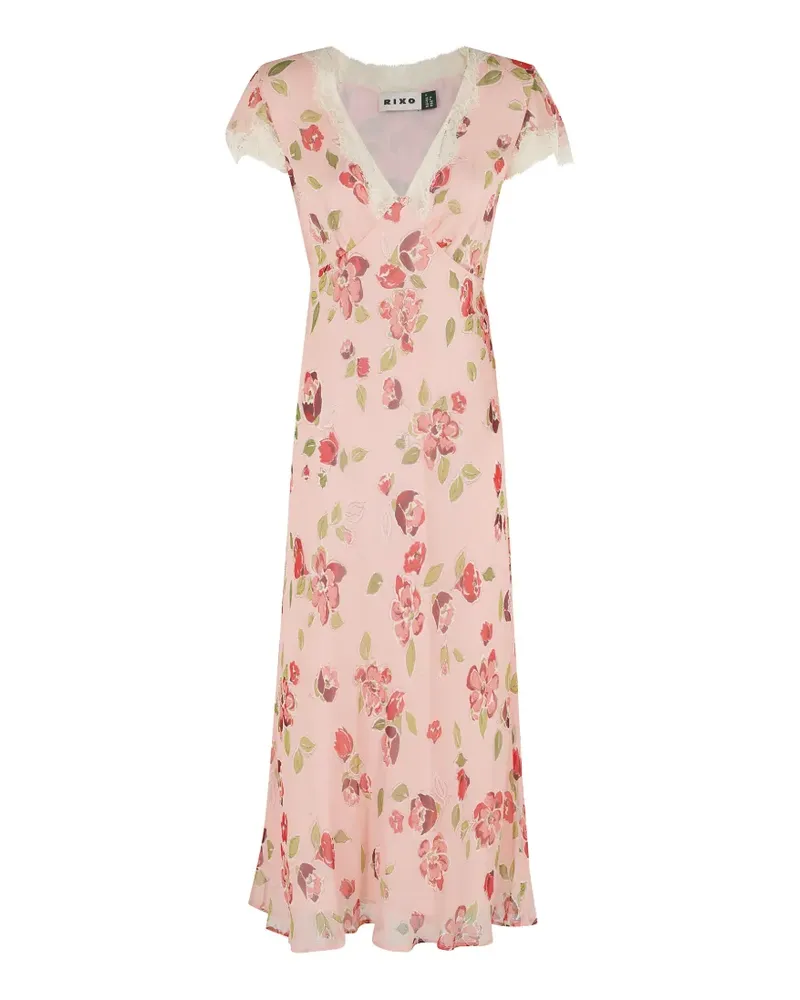 RIXO Clarice floral-print lace-trim midi dress - Rosa Rosa
