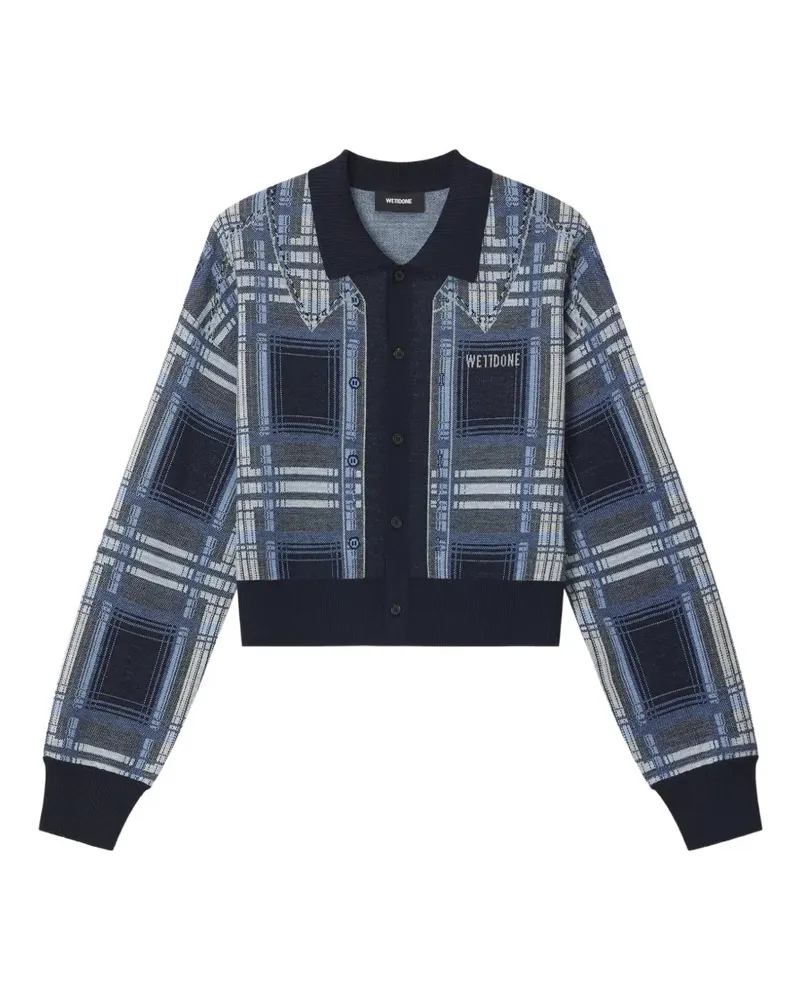 WE 11 DONE check-pattern logo-patch cardigan - Blau Blau