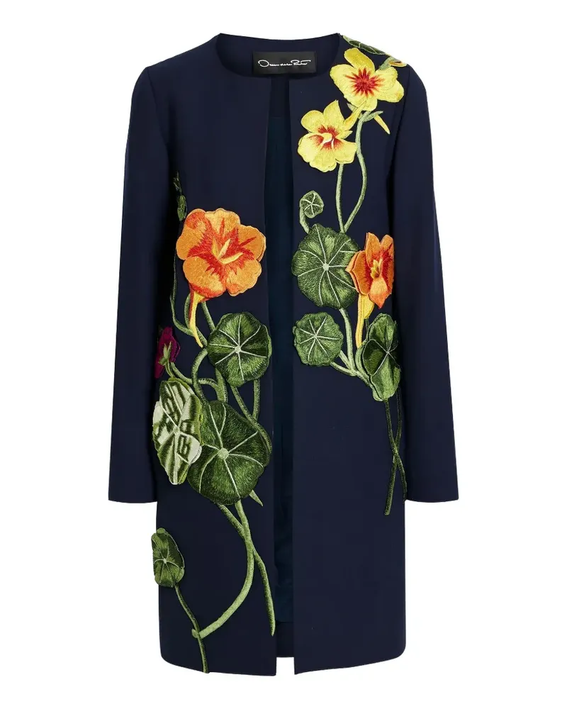Oscar de la Renta floral-appliquéd grain de poudre coat - Blau Blau