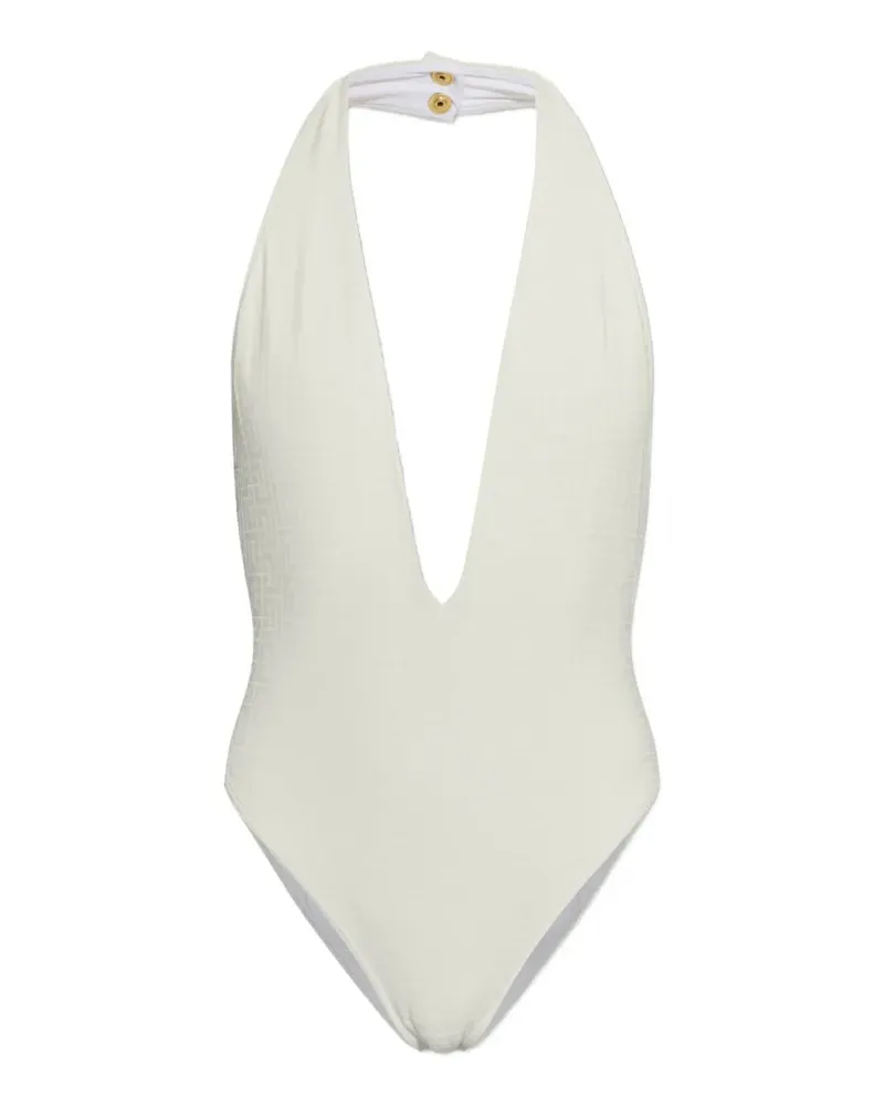 Balmain monogram-jacquard halterneck swimsuit - Weiß Weiß