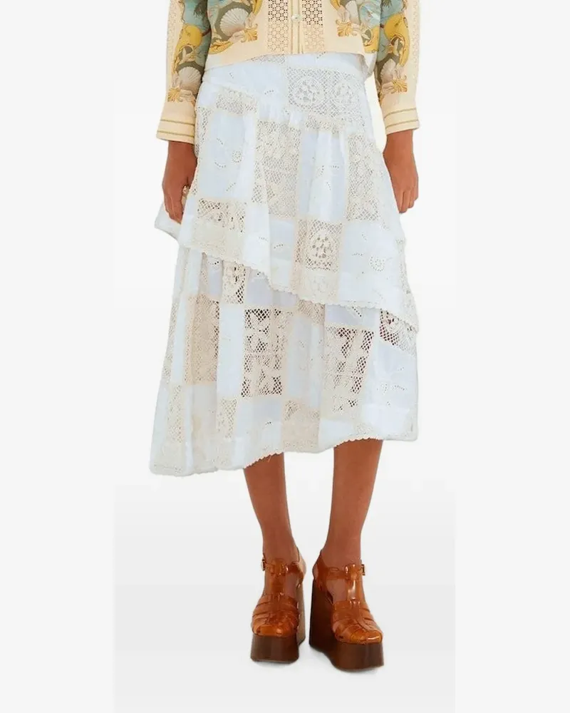 FARM Rio patchwork-lace tiered midi skirt - Weiß Weiß