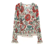 Gerüschte Bluse mit Blumen-Print - Nude