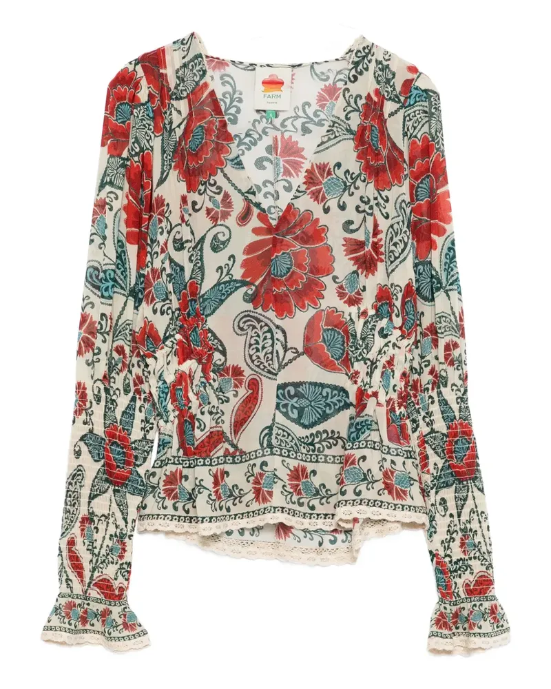 FARM Rio Gerüschte Bluse mit Blumen-Print - Nude Nude