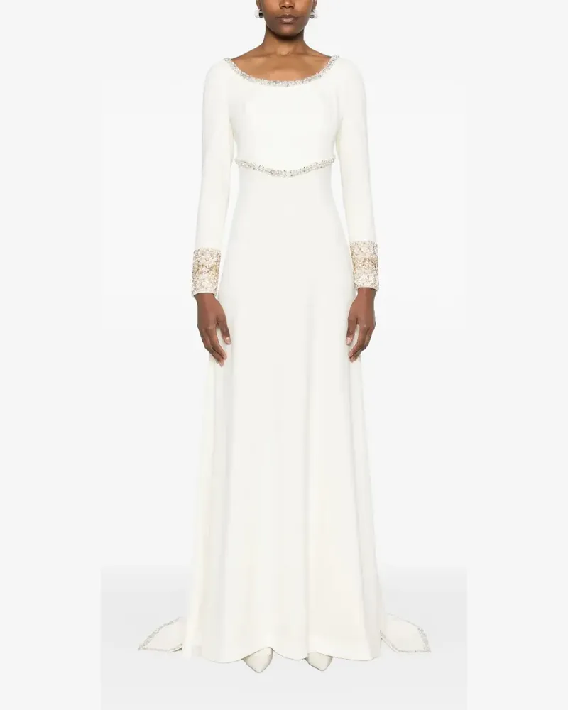 Dina Melwani crystal-embellished cape-sleeve maxi gown dress - Nude Nude
