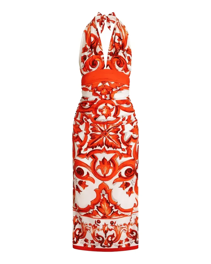 Dolce & Gabbana Langes Charmeuse Kleid mit Majolica-Print - Weiß Weiß