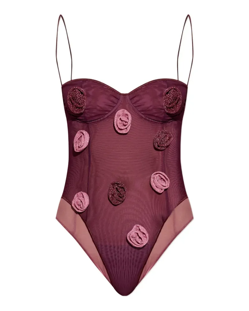 Oséree Mesh-Badeanzug mit Blumenapplikation - Violett Violett