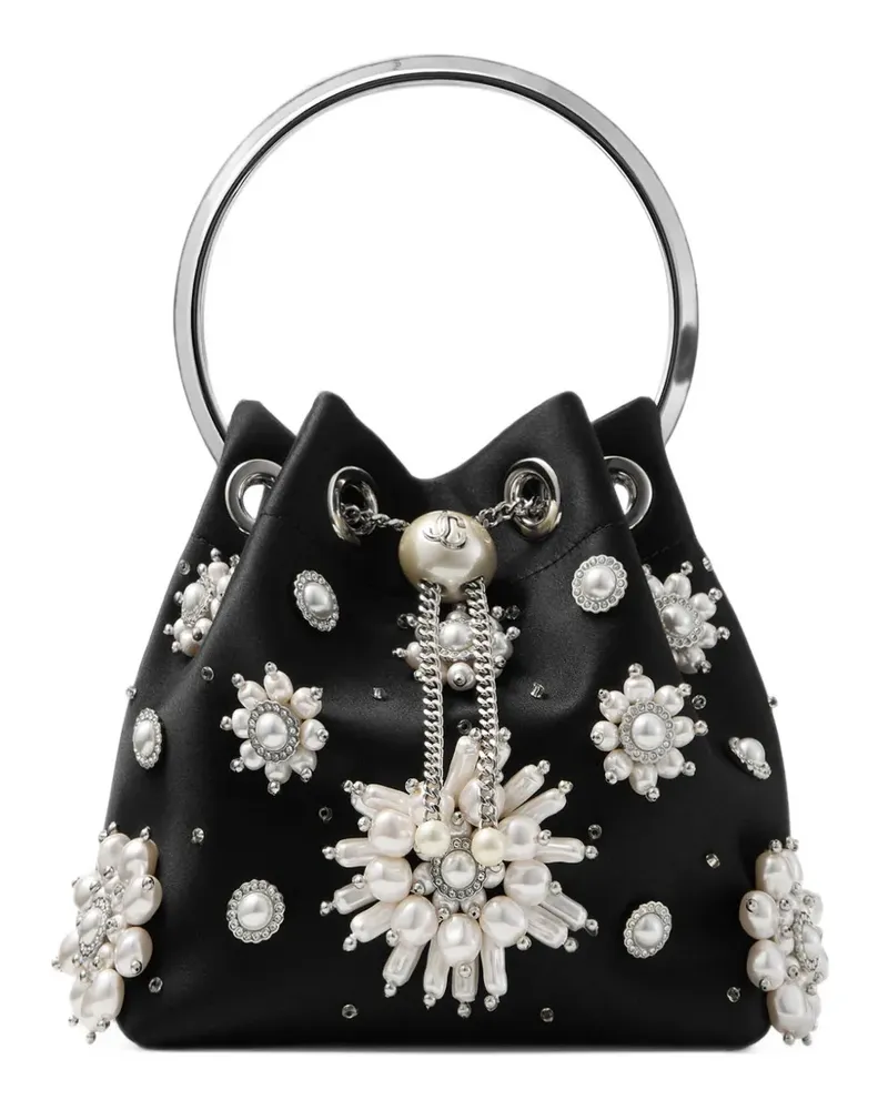 Jimmy Choo Bon Bon black satin bucket bag with floral pearl embroidery - Schwarz Schwarz