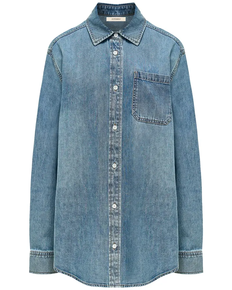 12 STOREEZ Jeanshemd mit klassischem Kragen - Blau Blau
