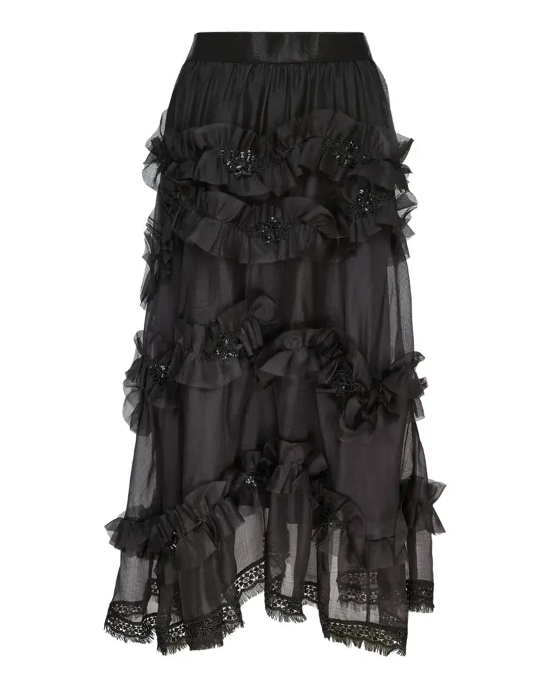 Renli Su ruffled-trim silk midi skirt - Schwarz Schwarz