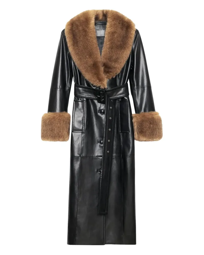 STAND faux fur-trim belted coat - Schwarz Schwarz