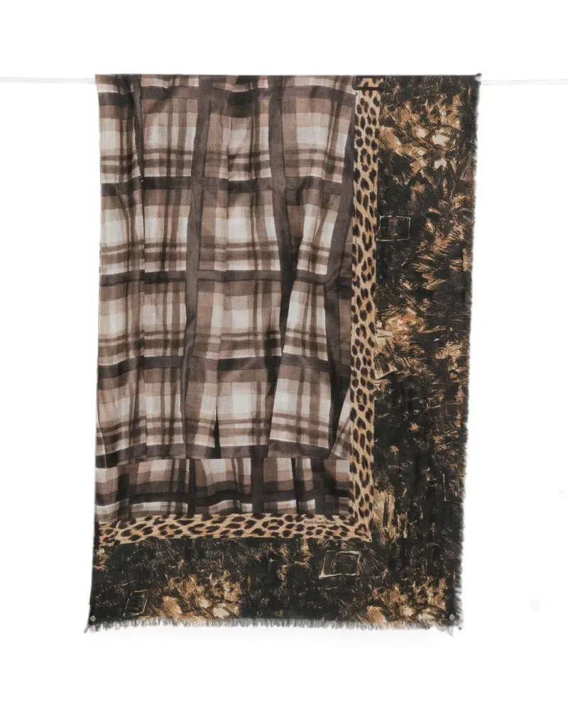 Pierre-Louis Mascia check-print leopard-pattern scarf - Braun Braun