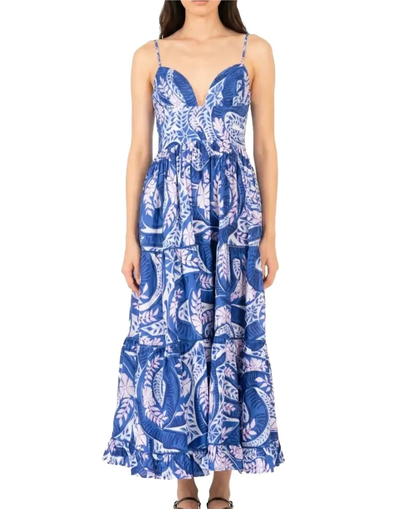 Poupette St Barth Gestuftes Milena Kleid mit Blattprint - Blau Blau