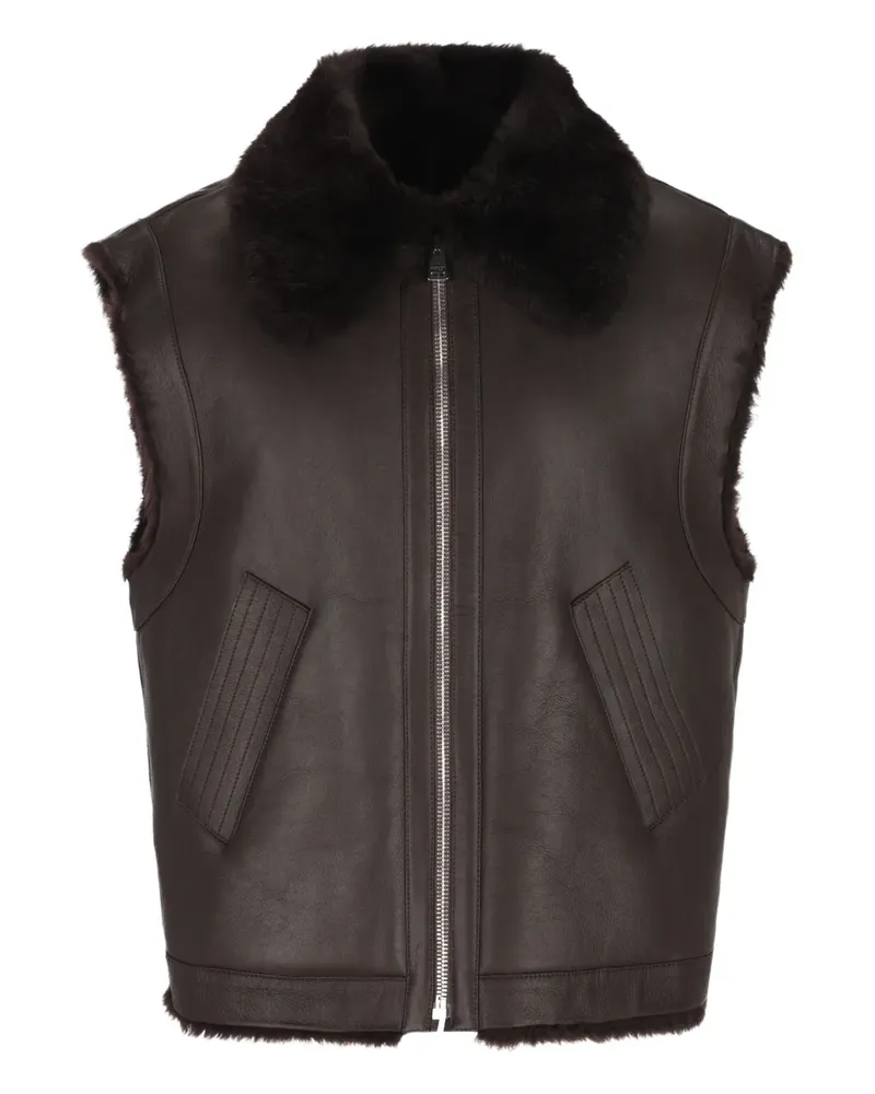 Fendi fur-collar logo leather gilet - Braun Braun