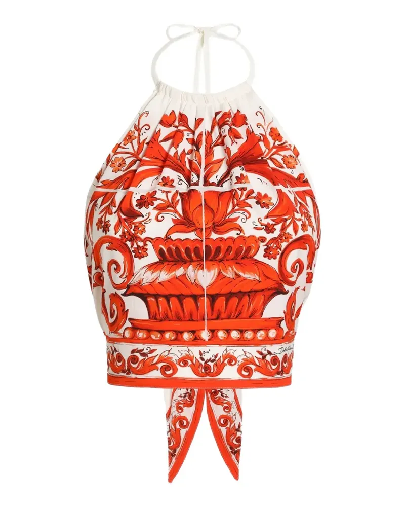 Dolce & Gabbana Charmeuse-Oberteil mit Majolica-Print - Weiß Weiß