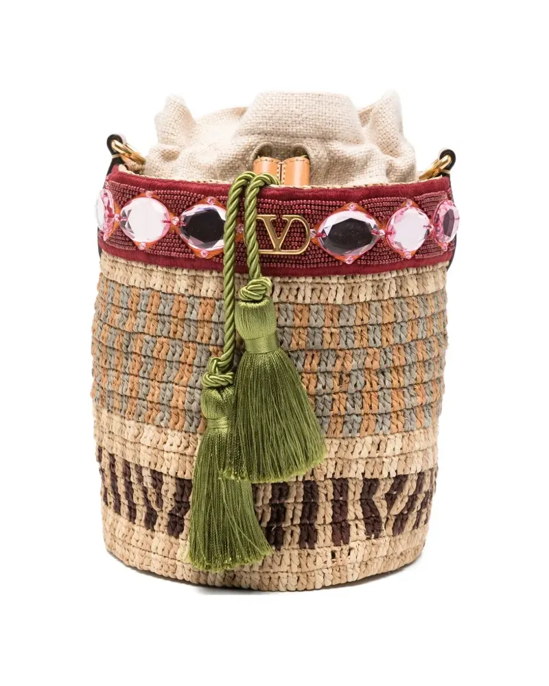 Valentino Garavani Kleine Raffia bestickte Eimertasche - Nude Nude