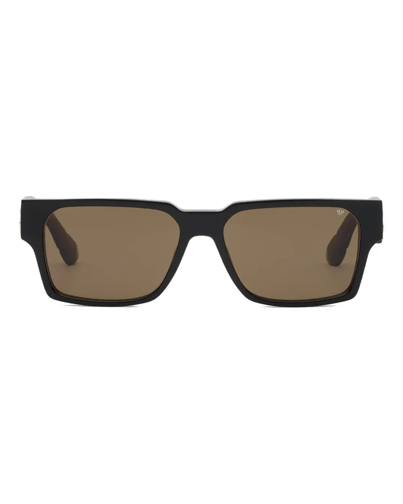 Philipp Plein Eckige Sonnenbrille mit Logo-Schild - Schwarz Schwarz