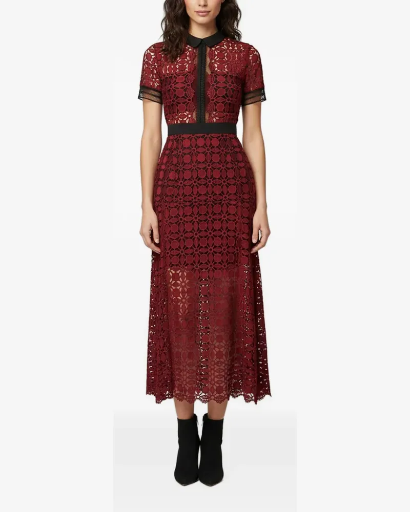Self-Portrait Midikleid aus Spitze mit Wellensaum - Rot Rot
