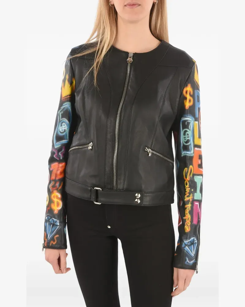 Philipp Plein graffiti-printed leather jacket - Schwarz Schwarz