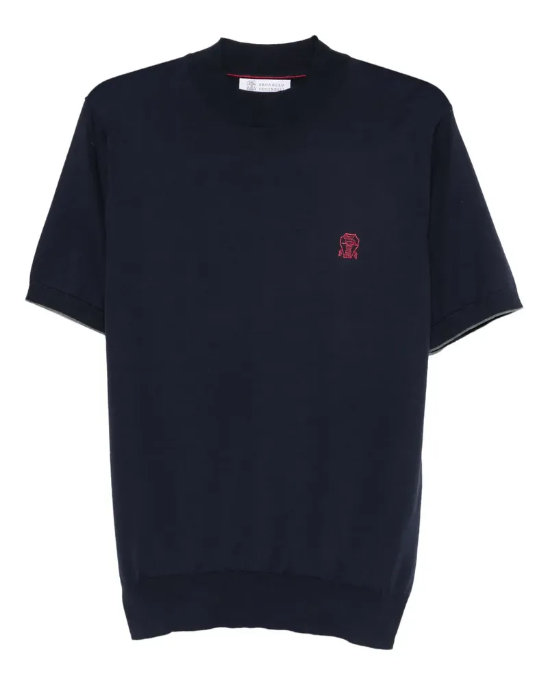 Brunello Cucinelli embroidered-logo knitted T-shirt - Blau Blau