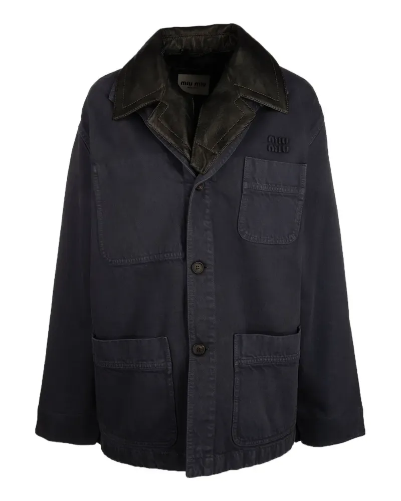 Miu Miu leather-collar logo-embroidered jacket - Blau Blau