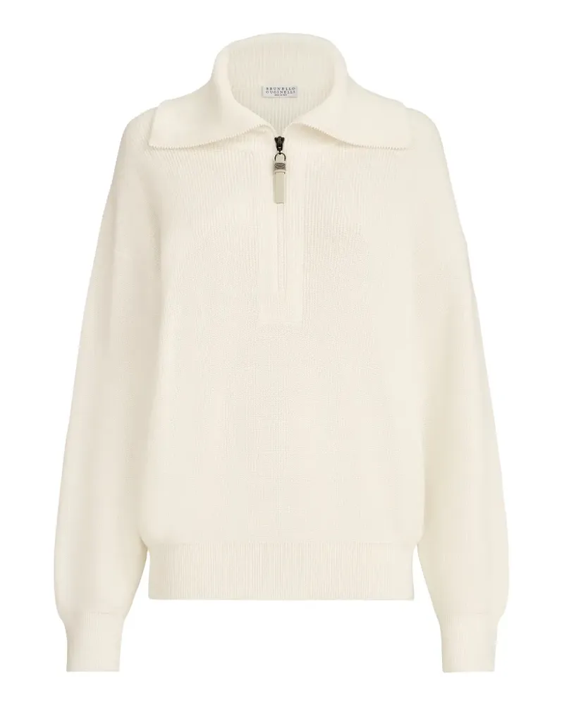 Brunello Cucinelli Baumwollpullover in Patentstrick-Optik mit glänzendem Detail am Reißverschluss - Nude Nude