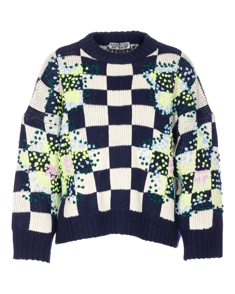 Essentiel Karierter Pullover mit Stickerei - Blau Blau