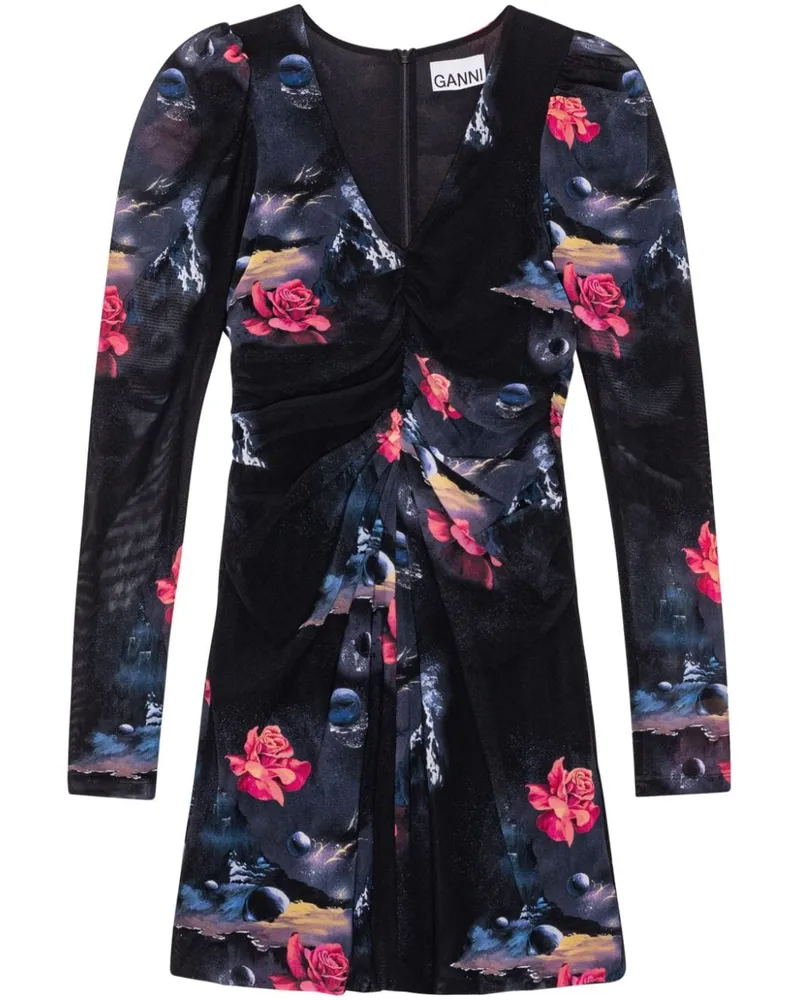 Ganni Minikleid mit grafischem Print - Schwarz Schwarz