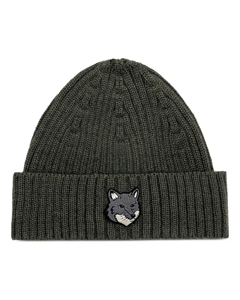 Kitsuné Gerippte Beanie mit Fuchskopf - Grün Grün