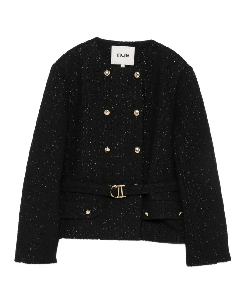 Maje Doppelreihige Tweed-Jacke mit Gürtel - Schwarz Schwarz