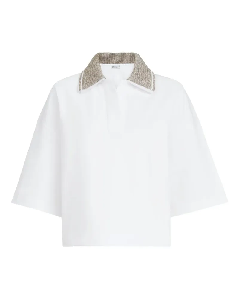 Brunello Cucinelli T-Shirt mit glitzerndem Strickkragen - Weiß Weiß