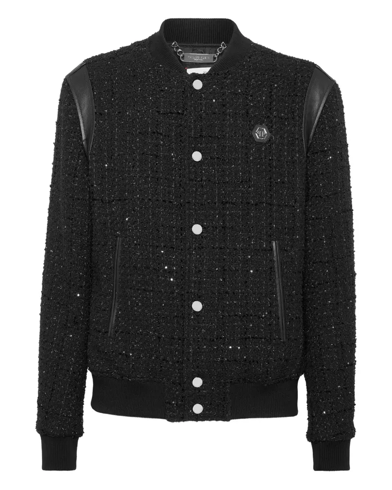 Philipp Plein Pailletten-Bomberjacke mit Lederbesatz - Schwarz Schwarz