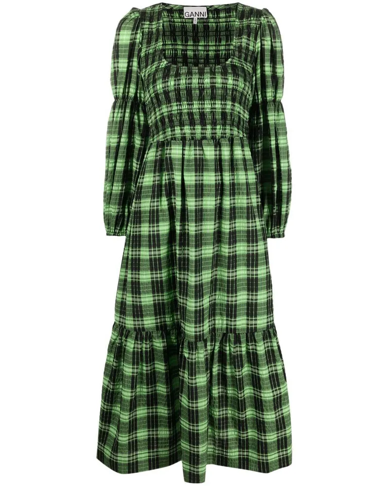 Ganni Kariertes Seersucker-Midikleid - Schwarz Schwarz